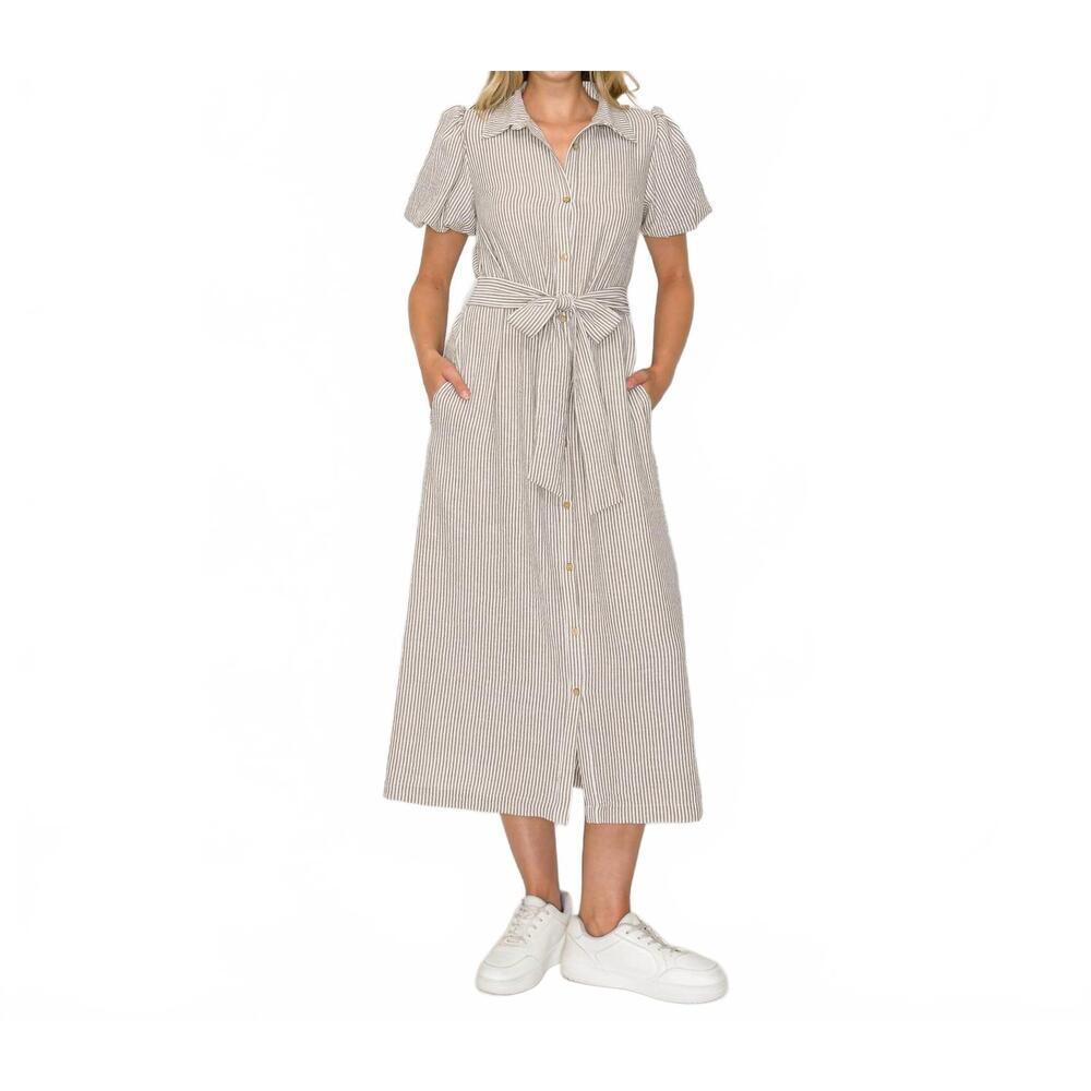NEW LOVE WEDNESDAY tortilla stripe midi shirt dress in brown
